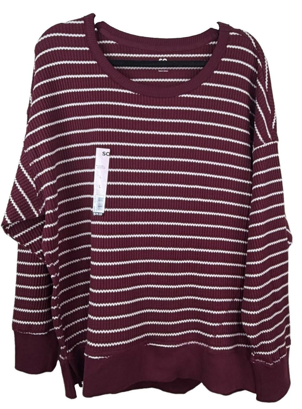 SO Women’s Maroon White Striped Waffle Knit Sweater Long Sleeve Crewneck Large